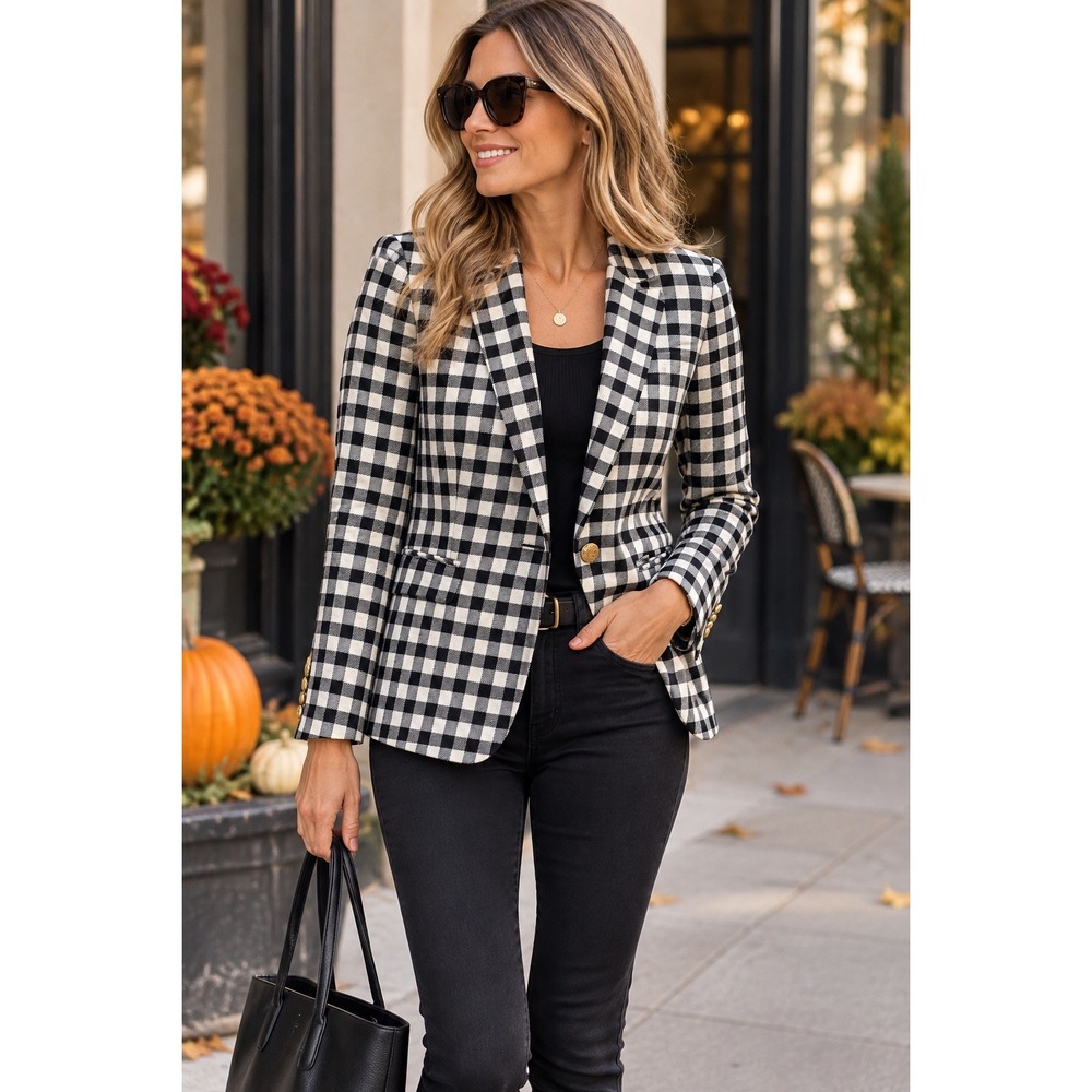 J.Crew Re-Imagined Black White Gingham Wool Blend Crest Button Blazer 4